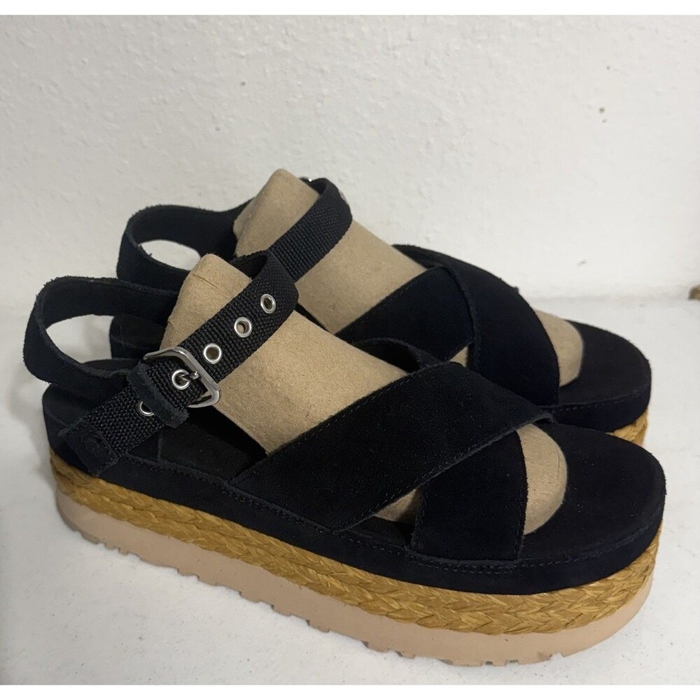 UGG Aubrey Black Suede Ankle Strap Platform Espadrille Sandals Women's Size 9.5
